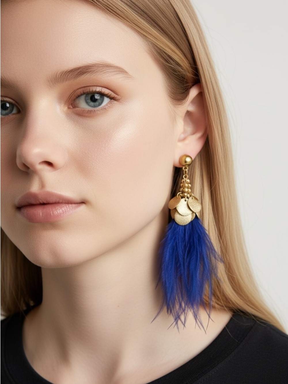 10/4 Gold and Blue Feather Drop Earrings - Designer Statement